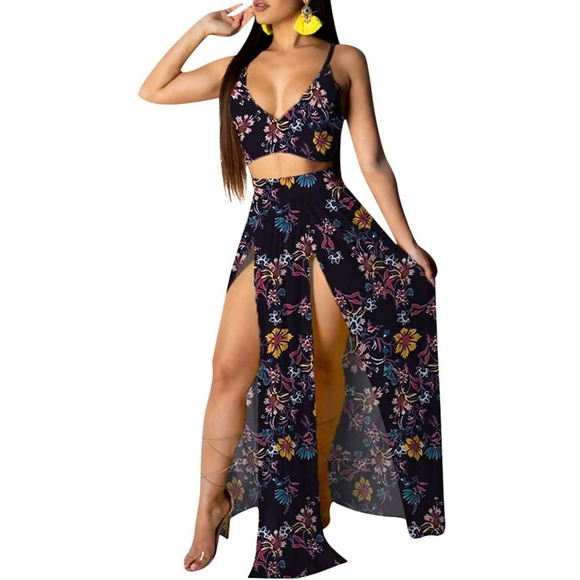 Dresses & Skirts - Women's dress Sexy Floral Print Side Slit 2-Piece